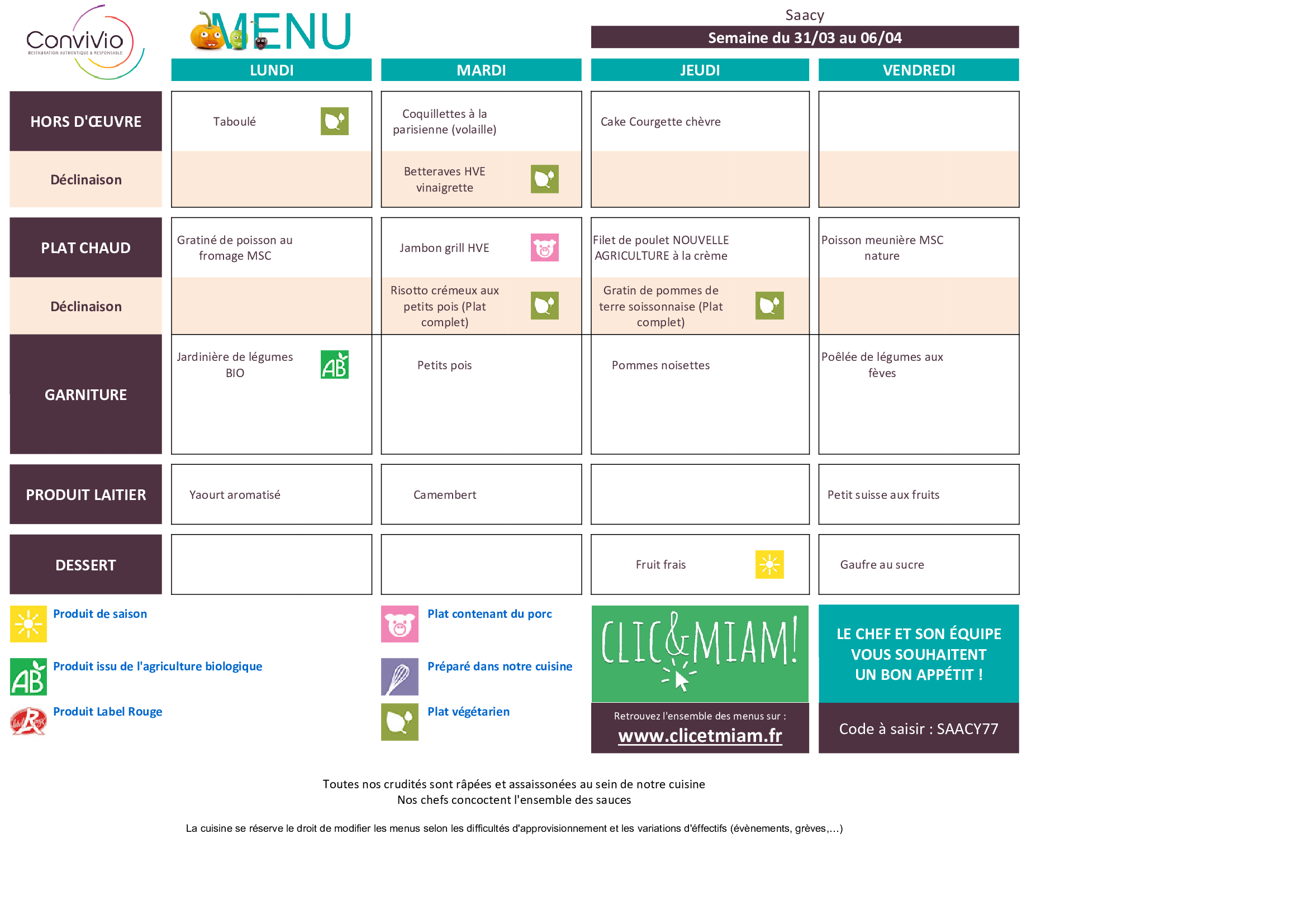 CONVIVIO menu semaine n 14 2025