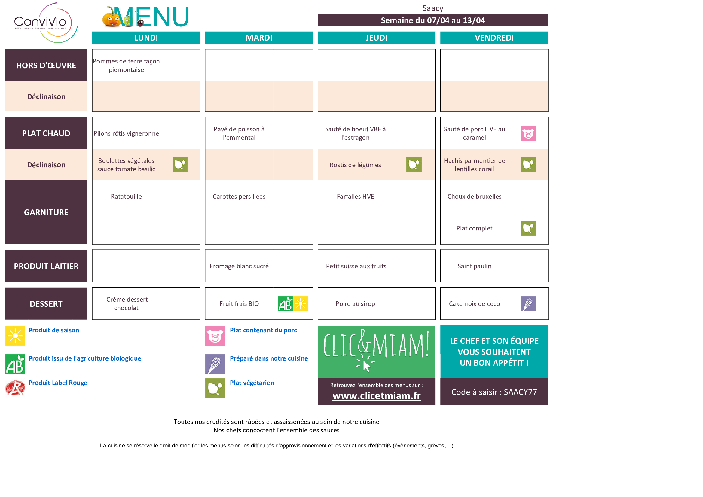 CONVIVIO menu semaine n 15 2025