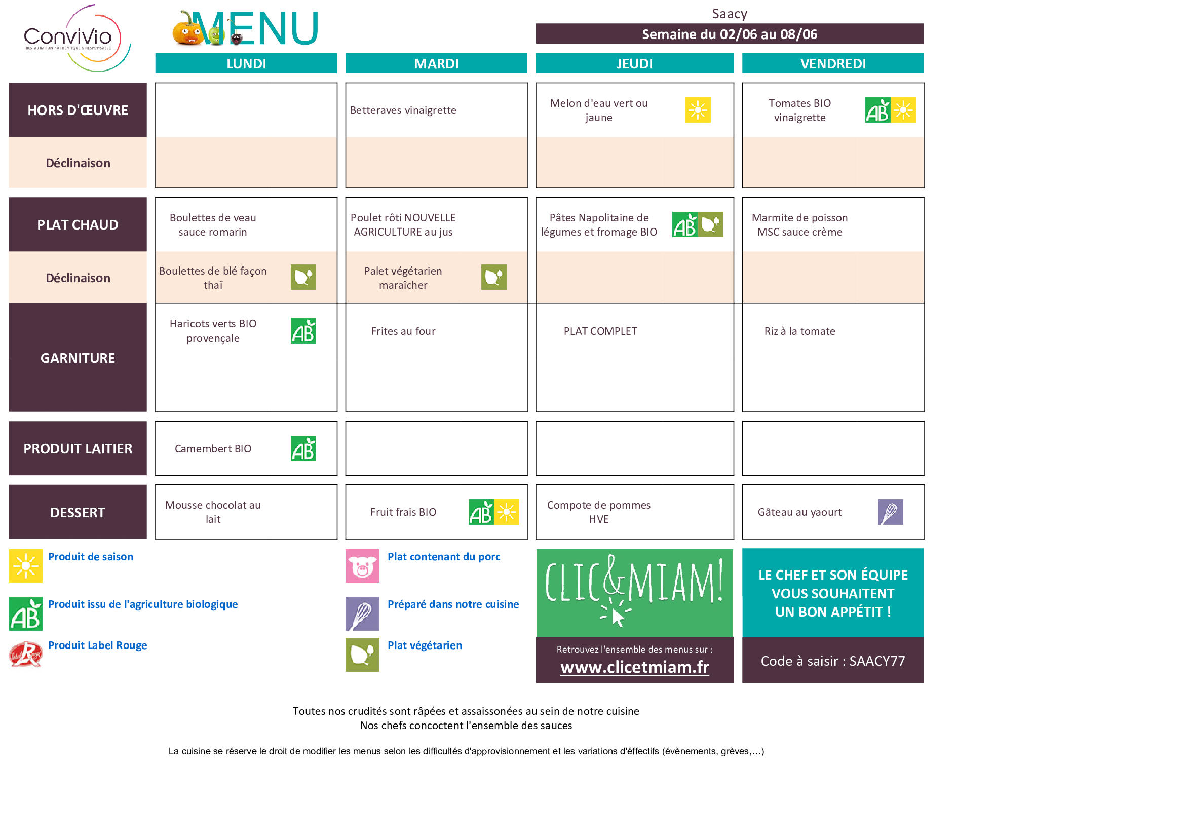 CONVIVIO menu semaine n23