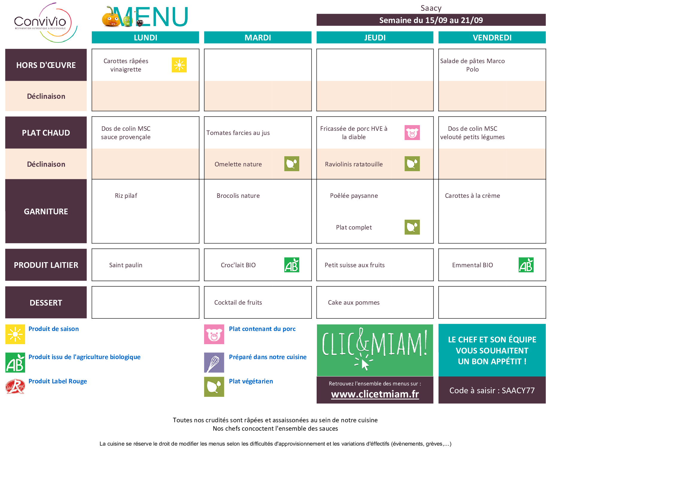CONVIVIO menu semaine n38 2025 2026