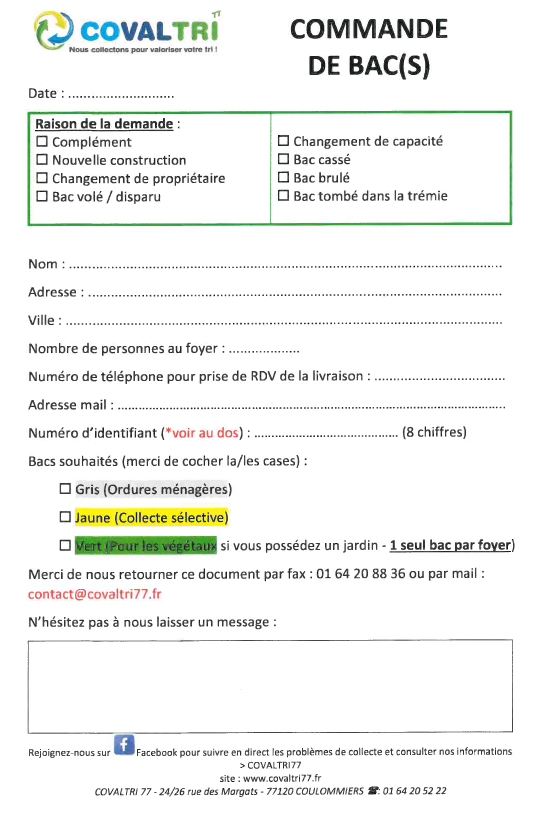 formulaire demande bac COVALTRI77